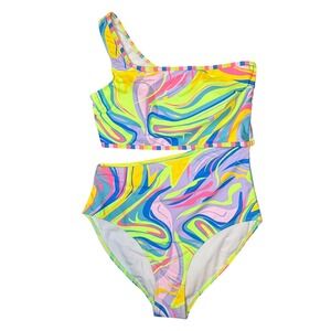 Abstract Swirl Print Asymmetrical Cutout One Piece Womens Swimsuit Size XL